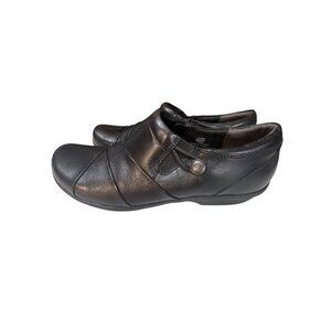 Bjorndal Womens Black Leather Slip-On Shoes With Button Accent & Cushioned Footb